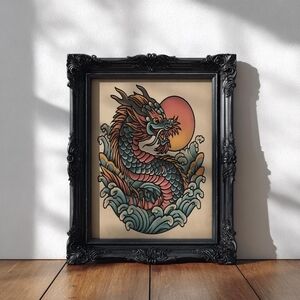 Japanese Dragon Wall Art, Vintage Tattoo Style Dragon Illustration, Asian Mythic